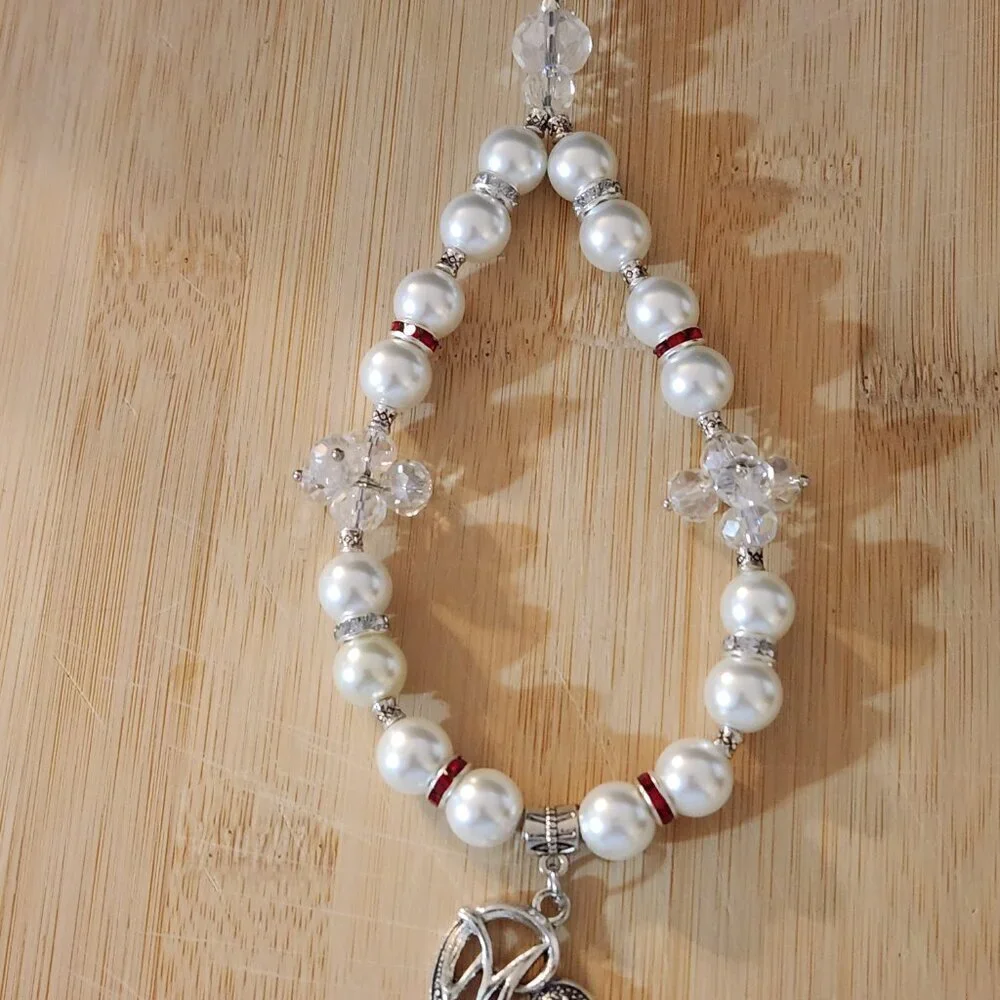 Hand Crafted Purse/Bag Charm Faux Pearls Crystals with Mom Pendant 8 1/4 inches